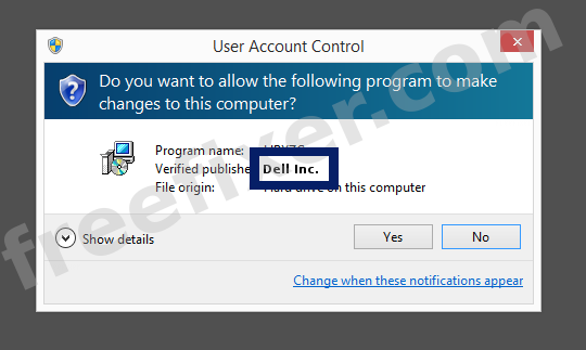 Screenshot where Dell Inc. appears as the verified publisher in the UAC dialog